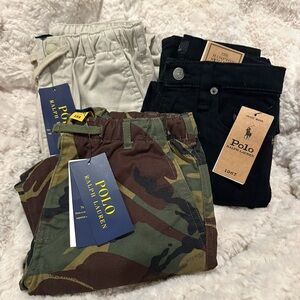 Polo by Ralph Lauren Kids Camouflage, Black, and Cream Pants Trio. NWT sizes 6-7